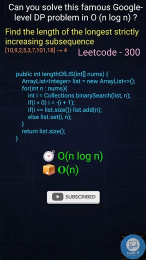 LeetCode 300 – Longest Increasing Subsequence | O (n log n) #ytshorts #youtubeshorts #shorts