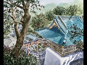 水彩画 神社 Watercolor