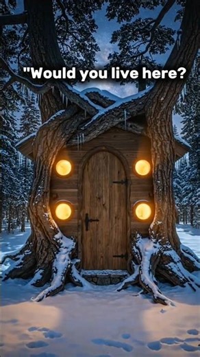 Building a shelter inside a tree to protect yourself from the cold snow