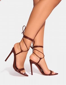 Public Desire Merlot lace up wrap around pointed toe stiletto heel in brown | ASOS