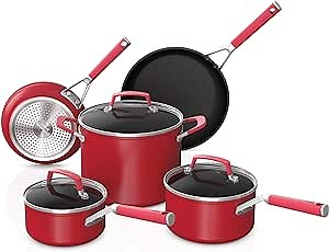 Ninja C28000 Foodi NeverStick Vivid 8-Piece Cookware Set with Lids, Nonstick, Durable & Oven Safe to 400°F, Cool-Touch Handles, Crimson Red