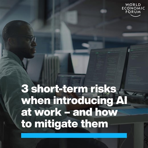 Business leaders see AI as an engine for transformation - but what if introducing it at work doesn't go smoothly? While #AI can free up employees’ time, and boost productivity and efficiency, it comes with risks. Here’s what chief people officers around the world say are the top near-term risks – and the actions businesses can take to mitigate them. The World Economic Forum has surveyed chief people officers from leading organizations about their expectations for the future. Read the Chief Peopl
