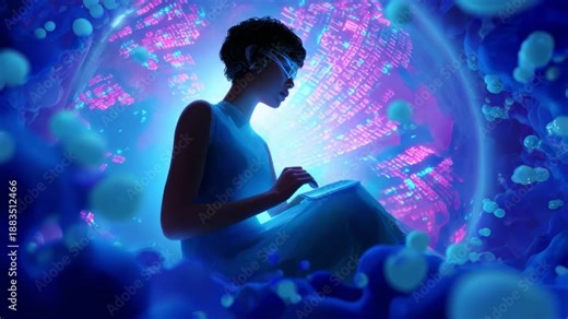A futuristic digital realm unfolds as a woman immersed in luminescent elements engages with advanced technology, surrounded by a cascade of vibrant colors and intricate data patterns shaping her