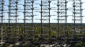 Aerial Drone view of Duga horizon radar system in Chernobyl. Woodpecker Duga 2 drone flight in the exclusion zone of Chernobyl.