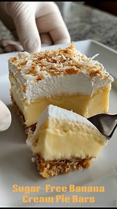 Sugar-Free 🍌🥥 Banana Cream Pie Bars Silky banana-vanilla custard on a buttery coconut crust, topped with fluffy whipped cream and toasted coconut. ✅ 📝 Ingredients Coconut Crumb Crust 1 1/2 cups almond flour 1/2 cup unsweetened shredded coconut 1/4 cup allulose (granulated) 6 tbsp unsalted butter, melted 1/4 tsp fine salt Banana Cream Custard Layer 1 1/2 cups heavy whipping cream 1/2 cup canned full-fat coconut milk 1/2 cup allulose (granulated) 4 large egg yolks 2 tbsp unsalted butter 1 1/2 t