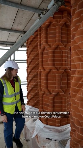 Historic Royal Palaces on Instagram: "Conserving our iconic Tudor-style chimneys 🧱 We’re excited to have reached the next milestone in our works to the chimneys above the Tudor Kitchens at Hampton Court Palace. Project Manager Bethany Wilkinson takes us up close to have a look at the progress the team have made... 👀"