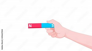 Magnet unlike, like poles. Attract, repel animation. Magnetic field, force reaction. Two bar magnet held, domain. Red N and blue S poles. Repulsion and attracting test. Physics, magnetism lesson video