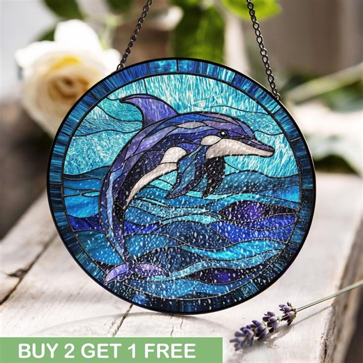 Vibrant Dolphin Stained Glass Suncatcher, Ocean Wave Glass Art Window Panel, Marine Creature Decor, Nature Lover Gift, Unique Aquatic Home - Etsy