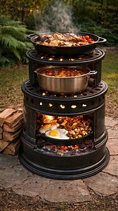 Cooking by Fire: A Vertical Feast Rooted in Tradition In the quiet of the outdoors, where trees frame the background and the ground bears the marks of countless footsteps, a striking cooking structure rises above a steady flame. Built in layers and powered entirely by firewood, this multi-tiered outdoor stove turns open-air cooking into both a craft and a spectacle. At the base, glowing embers cradle a pan where eggs fry alongside a medley of beans and grains. The heat is intense yet controlled,