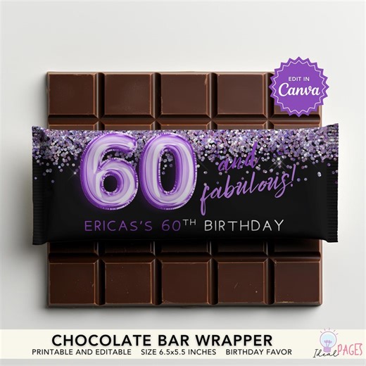 Purple Glitter 60th Birthday Chocolate Bar Party Favor, Chocolate Bar Sticker, Candy Bar Wrapper, Hershey Chocolate Bar Label - Etsy