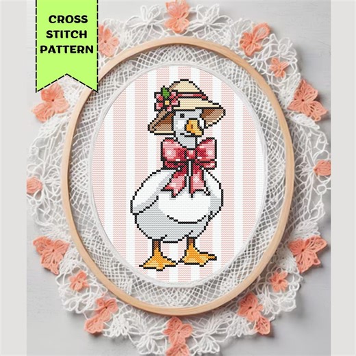 Goose With Pink Bow in Hat Cross Stitch Pattern | Cottagecore Goose | PDF Digital Download - Etsy
