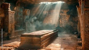 Sunlit ancient Egyptian tomb interior with a sarcophagus and hieroglyphs, showcasing historical archaeology and mysterious ambiance.