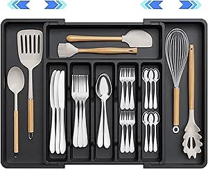 Flatware Organizers - Kitchen Drawer Organizer for Utensils and Silverware Expandable Silverware Holder and Cutlery Tray Black Kitchen Decor and Accessories Large Storage Capacity