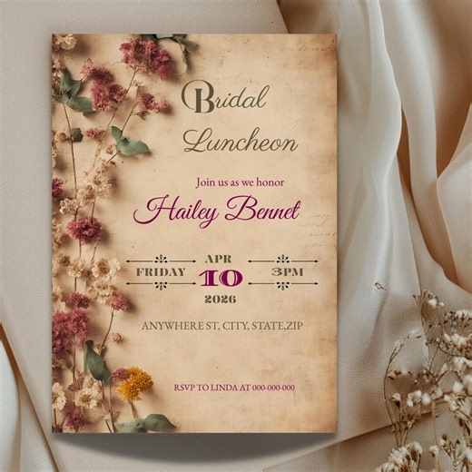 Bridal Luncheon Invitation Template — Vintage Floral Dried Flower Editable Canva Template— Instant Download