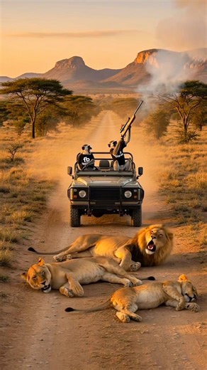 When monkeys have the gun, even lions clear the road! 😂🔫🦁