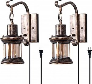 Yisuro Rustic Wall Light, 2-in-1 Oil Rubbed Bronze Vintage Wall Light Fixtures Plug in Industrial Glass Shade Lantern Lighting Retro Lamp Metal Wall Sconce for Home Bedroom Dining Room Cafe(2 Pack)