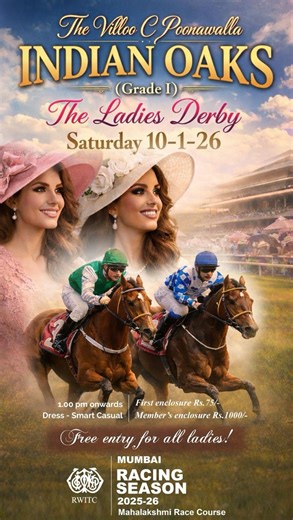 🏇 Oaks Day at Mahalaxmi Racecourse 🏇 📅 10th January 📍 Mahalaxmi Racecourse, Mumbai ✨ 9 races throughout the afternoon ⏰ First race at 1:00 PM 🚪 Gates open at 12:30 PM 🎟️ Tickets available at the venue gate 👩 Ladies enter free A very important day on the Indian racing calendar featuring three marquee races: • The Villoo C. Poonawalla Indian Oaks • The R.R. Ruia • The Gool S. Poonawalla Million Come racing this Oaks Day. #OaksDay #mumbai #IndianRacing #horses #equine [what to do in Mumbai H