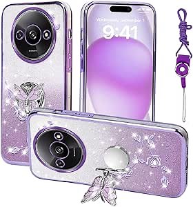 for Xiaomi Redmi A3 Phone Case,for Xiaomi Poco C61 Mobile Phone Case for Women and Girl, Glitter Butterfly Floral TPU Protective Cover with Kickstand+Strap for Redmi A3x (Purple)