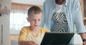 Tablet, education and a father helping his son with online homework or to study while teaching in the kitchen. Tutor, remote and a boy student distance learning or home schooling with a parent