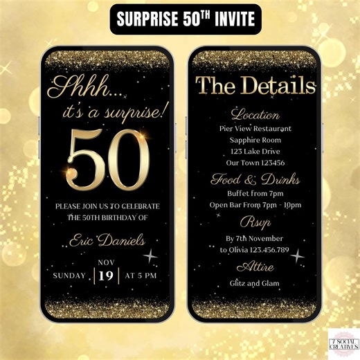 Surprise 50th Birthday Invitation for Men or Ladies. Digital Elegant Black Gold Animated Fifty Fiftieth Party Invite. DIY Editable Template. - Etsy Australia