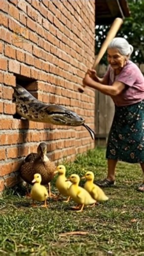 할머니가 거대한 뱀을 박살내고 오리 새끼들을 구했다! Grandma SMASHES Giant Snake to Save Ducklings! 😱 おばあちゃん、ヘビを撃退！ヒナ救出！