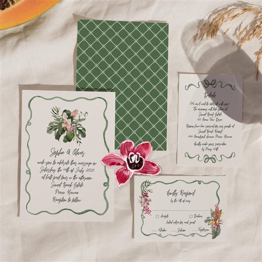 Tropical Wedding Invitation Suite – Organic Modern Wavy Frame – Botanical Destination Wedding Set – Editable Digital Template - Etsy