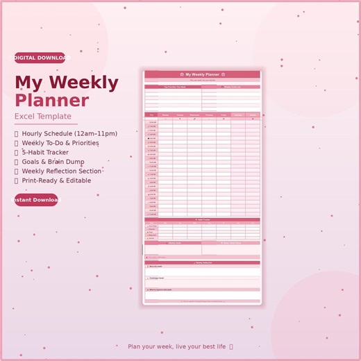 Pink Weekly Planner Excel Template | Hourly Schedule, Habit Tracker, Goal Tracker | Editable Spreadsheet Planner | Instant Download - Etsy