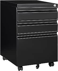 3 Drawer Mobile File Cabinet with Lock, Rolling Filing Cabinets for Home Office, Under Desk Small File Cabinet Three Drawers for Legal/Letter/A4 File, Black - Assembly Required