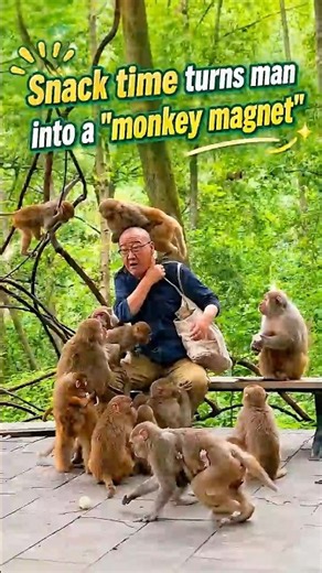 Wild macaques swarm snack-carrying visitor