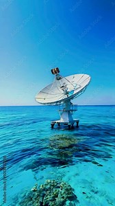 A large satellite dish stands above clear blue ocean water, capturing signals from space.