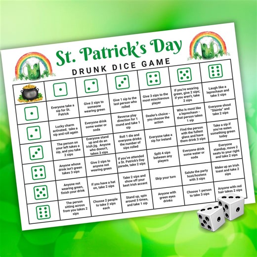St. Patrick’s Day Drunk Dice Game, Printable Party Game, Roll the Dice Game, Dice Drinking Game - Etsy