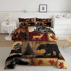 Amazon.com: Rustic Farmhouse Bedding Comforter Sets Twin Size, Retro Cabin Lodge Bedding Sets, Hunting Bear Deer Comforter Set, Country Maple Leaves Duvet Insert, Rustic Woodland Pine Tree Quilt, Red Brown : Home & Kitchen