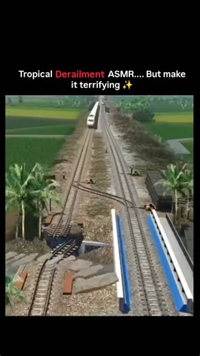 Lucky Clips on Instagram: "ASMR terrifying 😬😬 The post features a 12-second CGI animation of a high-speed train violently derailing in a lush tropical rural landscape, surrounded by rice paddies, palm trees, and open fields—a scene that resembles footage from a video game or rail-crash simulation. The clip is framed for shock value, accompanied by dramatic emojis like “OMG” to amplify its impact. Shared by Rwandan animal scientist Gilbert Niyonkuru, the video quickly amassed over 2.7 million v