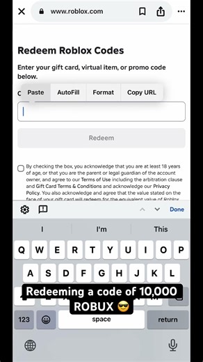 REDEEMING A CODE OF 10,000 ROBUX 😎 #robloxshorts #roblox #robux #code #redeemcode #robloxcard