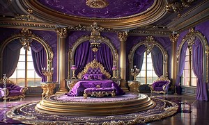A luxurious bedroom with a large bed and a purple and gold color scheme. The room has a large, circular rug and a large window.