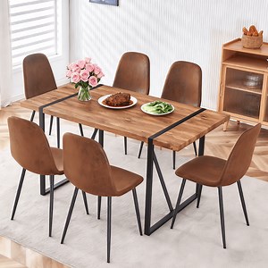 JUFU Dining Table Set for 6, Modern 55'' Dark Wood Dining Table and Fabric Dining Chairs Set of 6,Table and Chairs Set of 6,Ideal for Kitchen Dining Room