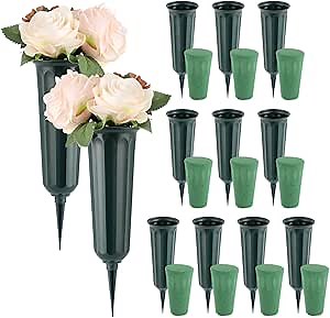 12 PCS Cemetery Vases with Spikes and Foam, Memorial Cemetery Floral Holders with Stakes, Grave Decorations Vases with Foam, Plastic Flower Holders for Cemetery Grave