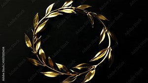 Golden reflective rotating laurel wreath. Triumph winner success symbol. Victory ceremony template. Luxury gold emblem motion graphics. Royal achievement golden branches. Competition award mockup.