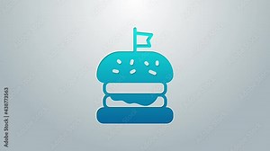 Blue line Burger icon isolated on grey background. Hamburger icon. Cheeseburger sandwich sign. Fast food menu. 4K Video motion graphic animation