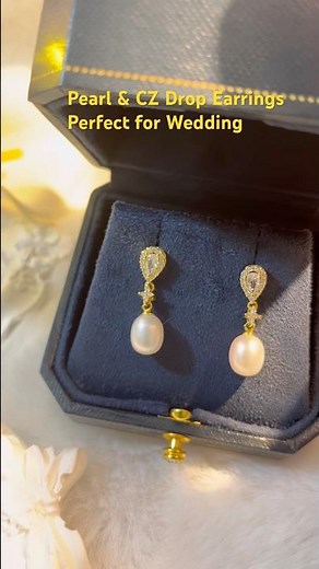 14K Gold CZ Diamond and Pearl Drop Earrings for Wedding #jewellery #jewelry #wedding #pearl #earring