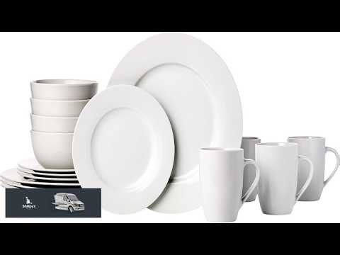 Amazon Basics 16 Piece Porcelain Dinnerware Set Microwave and Dishwasher Safe Service