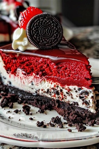 Red Velvet Oreo Cheesecake - The perfect blend of creamy cheesecake and rich red velvet Ingredients: Red Velvet Cake Bottom/Crumbs: 1 and 1/2 cups all-purpose flour 2 teaspoons unsweetened cocoa powder 1/2 teaspoon salt 1/2 cup unsalted butter, room temperature 1 cup granulated sugar 1/2 cup sour cream, room temperature 1/4 cup vegetable oil 2 teaspoons pure vanilla extract 2 large eggs, room temperature 4 teaspoons red food coloring 2/3 cup buttermilk, room temperature 1 teaspoon baking soda 1 