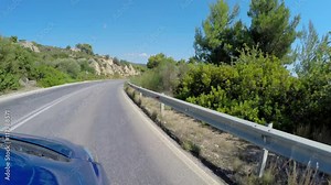 Drive along Sithonia county route by car. FPV view. Chalcidice, Greece