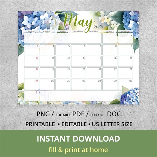 Editable May 2026 Calendar, Floral Printable Fillable Planner With Hydrangea, Spring Wall Calendar, Fillable Classroom Calendar - Etsy Canada