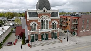 Tibbits historic Opera House in Coldwater, Michigan with drone video moving up.