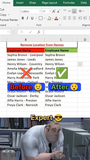 Messy data 🥹 Part 10 | Remove City Names from Employee Data 😲 #excel #exceltips #exceltricks #short
