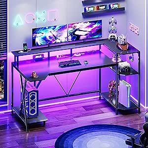 SEDETA Gaming Desk 55'' with LED Lights and Storage Shelves, Computer Desk with Monitor Stand, Power Outlets and Cup Holder, Large PC Gamer Desk, Gaming Table for Bedroom, Living Room, Black