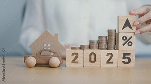 2025 New Year with percentage change to UP and Down arrow, Home and car model and coin stack. Real estate Mortgage, Refinance, House loan and debt, Interest rate, Insurance, Financial and Property Tax