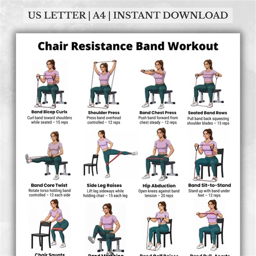Chair Resistance Band Workout Printable PDF, Seated Band Exercises Poster, Low Impact Home Fitness Routine, Full Body Strength Chart - Etsy UK