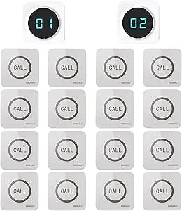 SINGCALL Restaurant Pager System Waiter Calling System Pagers and Beepers for Kitchen,Fast Food,Hotel,Restaurants,Cafe,Bar to Call Waiters 16 Waterproof Wireless Call Buttons 2 Number Display Receiver